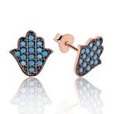 Boucle d'oreille cloutée en argent avec pierre de Firuze et main de Fatima